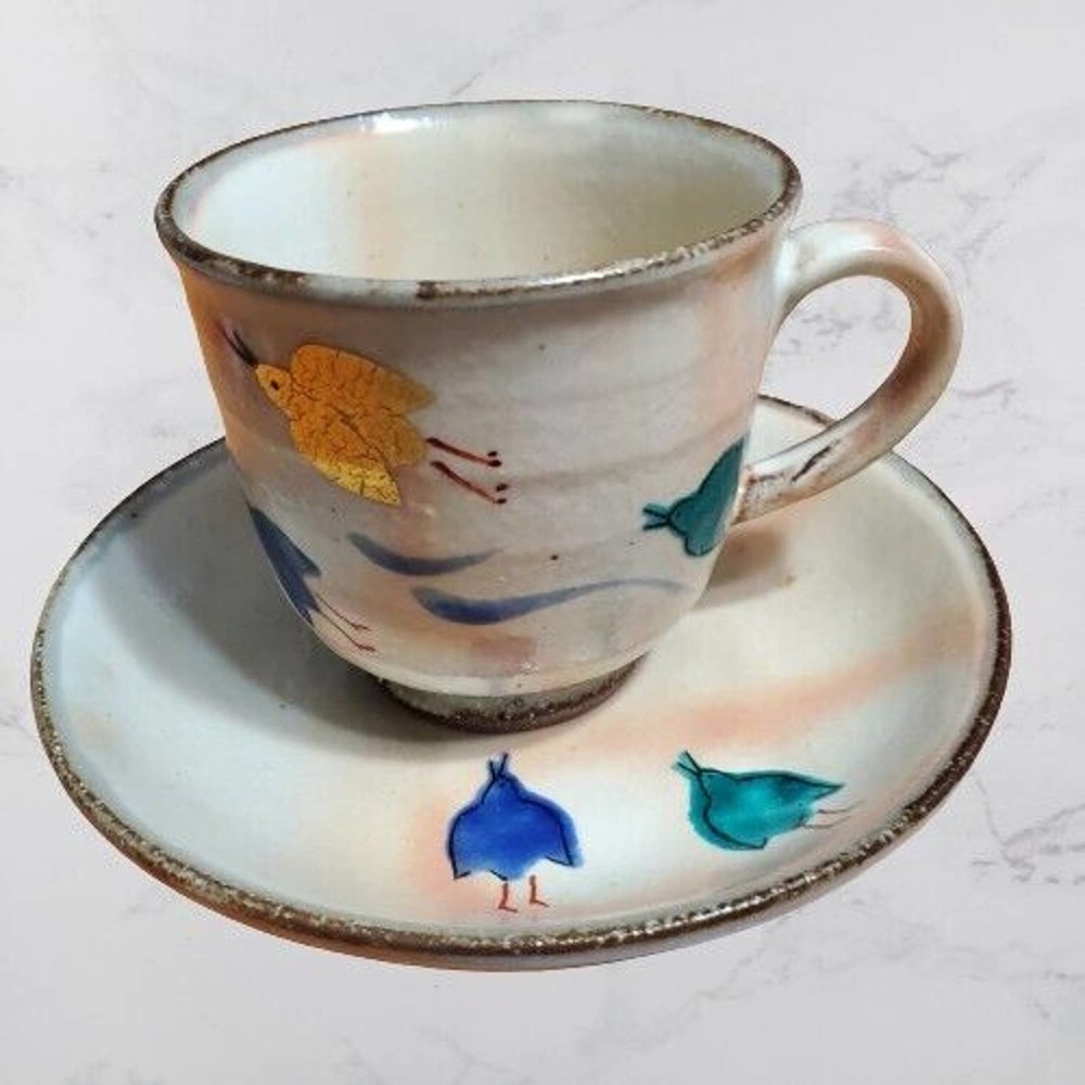 Vintage Japanese Demitasse Hand Painted Pottery Bird Mug & Matching Saucer RARE